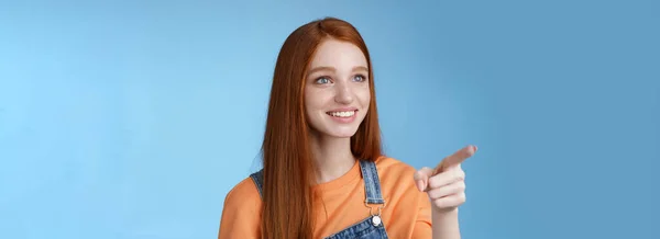 Adorable Kind Gentle Good Looking Redhead Girl Look Pointing Left — Stock Photo, Image
