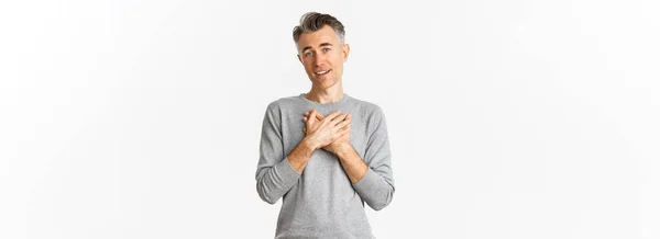 Image Pleased Happy Adult Man Gray Hair Holding Hands Heart — Stock Photo, Image
