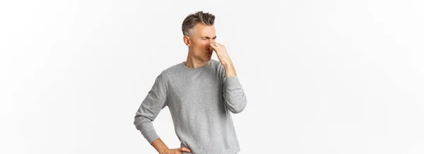 Portrait Handsome Middle Aged Man Shut Nose Disgusting Smell Complaining — Stock Photo, Image