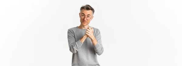 Image Supportive Middle Aged Man Glasses Clench Hands Shaking Them — Stock Photo, Image