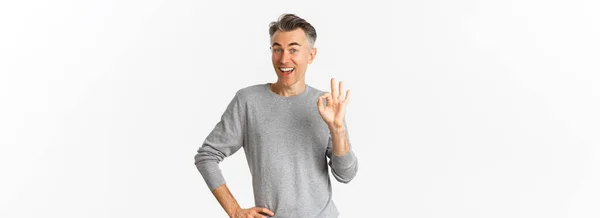Image Handsome Cheerful Middle Aged Man Showing Support Make Okay — Stock Photo, Image