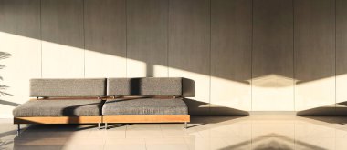 Oturma odasının modern iç tasarımı yumuşak bir kanepe ve ahşap bir duvarın arka planıyla. Minimalist iç tasarım