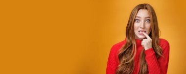 Aptal, sevimli, kızıl saçlı kadın masum yüz ifadeleri yapıyor. Parmağını dudağında tutuyor ve kameraya sorgulanmış yüz ifadesi ile korkmuş görünüyor. Hata yapıyor ve flört bakışlarıyla sorunlardan kurtulmaya çalışıyor..