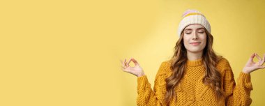 Sakin ol. Devam et. Portre rahatladı mutlu meditasyon genç kadın kontrol duyguları nefes alma yoga alıştırması gülümseme rahat gözler yan yana zen nirvana hareketi.