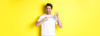 Yakışıklı bir gencin görüntüsü bir şeyi onaylar, tamam işareti gösterir ve göz kırpar, sarı arka planda durur..