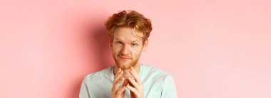 Kızıl saçlı, komik sakallı, mükemmel bir plan yapan, gülümseyen ve çan kulesi gibi parmakları olan, entrika çeviren, pembe arka plana karşı sinsi duran komik sakallı adama yakın durun..