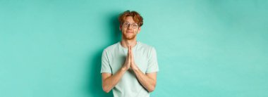 Tatlı kızıl saçlı adam yardım istiyor, namaste jesti ile lütfen diyor, yalvarıyor ya da yalvarıyor, kameraya bakıp duruyor, nane arkaplanının başında duruyor..