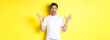 Heyecanlı ve şaşırmış bir adamın portresi büyük reklam teklifine tepki veriyor, sevinç ve zafer için bağırıyor, sarı arka planda duruyor..