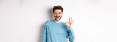 Yakışıklı, kendine güvenen, tamam işareti gösteren ve sana göz kırpan, her şeyin yolunda olduğuna emin olan, beyaz arka planda duran,.