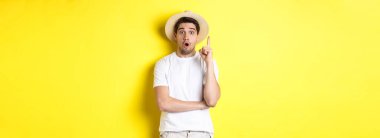 Hasır şapkalı genç adamın portresi bir fikir öne sürüyor, parmak Eureka işaretini kaldırıyor, telkinlerde bulunuyor, sarı arka planda duruyor..