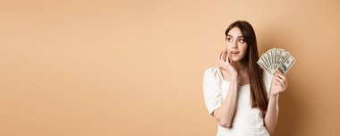 Hayalperest kız elinde dolarlarla alışverişe çıkıyor, sol üst köşeye bakıyor, düşünceli, parayı nasıl harcayacağını planlıyor, bej arka planda duruyor..