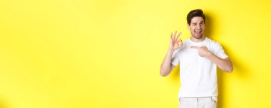 Yakışıklı bir gencin görüntüsü bir şeyi onaylar, tamam işareti gösterir ve göz kırpar, sarı arka planda durur..