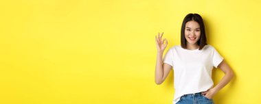 Kendine güvenen Asyalı kadın gülümsüyor ve tamam işareti gösteriyor. Onaylıyor ve iyi bir teklif sunuyor. Sarı arka planda beyaz tişörtle duruyor..