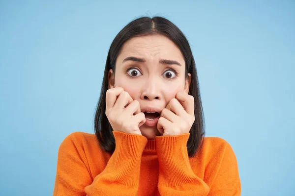 Close Scared Korean Woman Screams Looks Horrified Stands Blue Background — Stock Photo, Image
