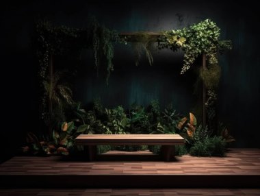 Cosmetics product advertising stand. Exhibition wooden podium on green background with leaves and shadows. Empty pedestal to display product packaging. Mockup.