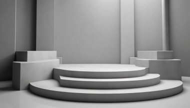 Güneş ışığında beyaz arka planda ürün sergisi için beyaz gölgeli zarif soyut podyum seti. Basit modern geometrik tasarım.