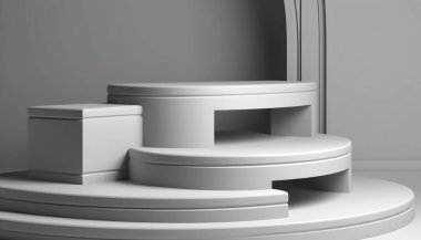 Güneş ışığında beyaz arka planda ürün sergisi için beyaz gölgeli zarif soyut podyum seti. Basit modern geometrik tasarım.