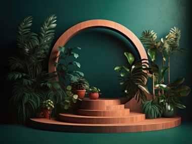 Kozmetik ürünleri reklam standı. Yeşil arka planda, yaprakları ve gölgeleri olan ahşap bir podyum. Ürün ambalajını göstermek için boş kaide. Modelleme. Üretici yapay zeka