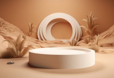 Kum arka planda podyum. Doğal ürün olan kozmetik parfüm için arka planda güneş gölgesi ve gölgeli bir görüntü. Üretici yapay zeka