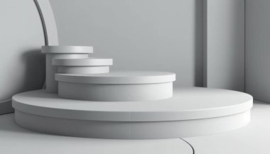 Güneş ışığında beyaz arka planda ürün sergisi için beyaz gölgeli zarif soyut podyum seti. Basit modern geometrik tasarım. Üretici yapay zeka