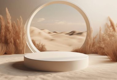 Kum arka planda podyum. Doğal ürün olan kozmetik parfüm için arka planda güneş gölgesi ve gölgeli bir görüntü. Üretici yapay zeka