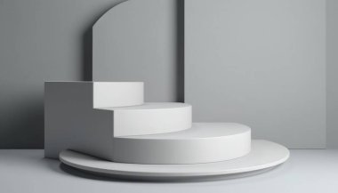 Güneş ışığında beyaz arka planda ürün sergisi için beyaz gölgeli zarif soyut podyum seti. Basit modern geometrik tasarım. Üretici yapay zeka