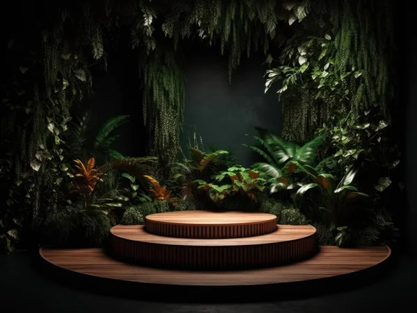 Cosmetics product advertising stand. Exhibition wooden podium on green background with leaves and shadows. Empty pedestal to display product packaging. Mockup. Generative AI