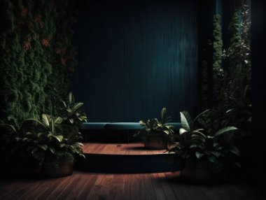 Kozmetik ürünleri reklam standı. Yeşil arka planda, yaprakları ve gölgeleri olan ahşap bir podyum. Ürün ambalajını göstermek için boş kaide. Modelleme. Üretici yapay zeka