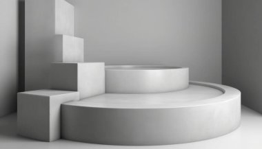 Güneş ışığında beyaz arka planda ürün sergisi için beyaz gölgeli zarif soyut podyum seti. Basit modern geometrik tasarım. Üretici yapay zeka