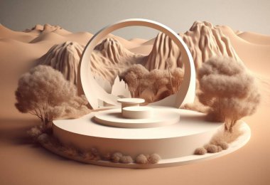 Kum arka planda podyum. Doğal ürün olan kozmetik parfüm için arka planda güneş gölgesi ve gölgeli bir görüntü. Üretici yapay zeka