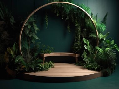 Kozmetik ürünleri reklam standı. Yeşil arka planda, yaprakları ve gölgeleri olan ahşap bir podyum. Ürün ambalajını göstermek için boş kaide. Modelleme. Üretici yapay zeka