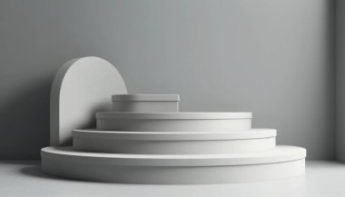 Güneş ışığında beyaz arka planda ürün sergisi için beyaz gölgeli zarif soyut podyum seti. Basit modern geometrik tasarım. Üretici yapay zeka