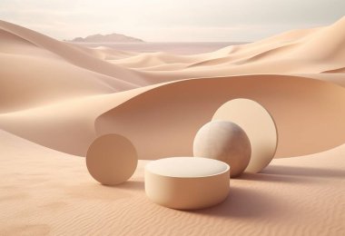 Kum arka planda podyum. Doğal ürün olan kozmetik parfüm için arka planda güneş gölgesi ve gölgeli bir görüntü. Üretici yapay zeka