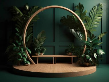 Kozmetik ürünleri reklam standı. Yeşil arka planda, yaprakları ve gölgeleri olan ahşap bir podyum. Ürün ambalajını göstermek için boş kaide. Modelleme. Üretici yapay zeka