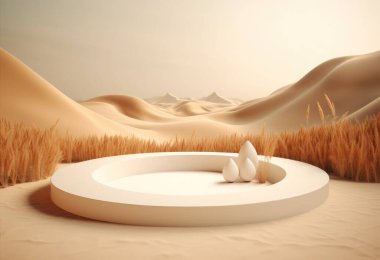 Kum arka planda podyum. Doğal ürün olan kozmetik parfüm için arka planda güneş gölgesi ve gölgeli bir görüntü. Üretici yapay zeka