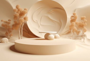 Kum arka planda podyum. Doğal ürün olan kozmetik parfüm için arka planda güneş gölgesi ve gölgeli bir görüntü. Üretici yapay zeka