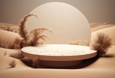 Kum arka planda podyum. Doğal ürün olan kozmetik parfüm için arka planda güneş gölgesi ve gölgeli bir görüntü. Üretici yapay zeka