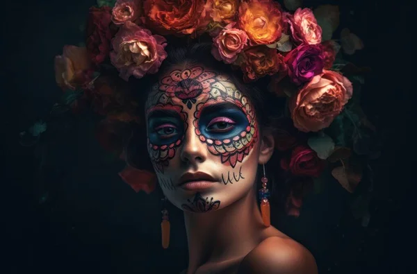 Retrato Una Mujer Con Maquillaje Cráneo Azúcar Sobre Fondo Oscuro —  Fotos de Stock