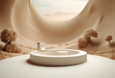 Kum arka planda podyum. Doğal ürün olan kozmetik parfüm için arka planda güneş gölgesi ve gölgeli bir görüntü. Üretici yapay zeka