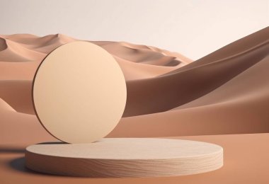 Kum arka planda podyum. Doğal ürün olan kozmetik parfüm için arka planda güneş gölgesi ve gölgeli bir görüntü. Üretici yapay zeka