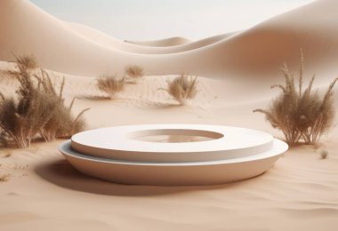 Kum arka planda podyum. Doğal ürün olan kozmetik parfüm için arka planda güneş gölgesi ve gölgeli bir görüntü. Üretici yapay zeka