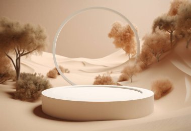 Kum arka planda podyum. Doğal ürün olan kozmetik parfüm için arka planda güneş gölgesi ve gölgeli bir görüntü. Üretici yapay zeka