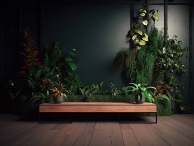 Cosmetics product advertising stand. Exhibition wooden podium on green background with leaves and shadows. Empty pedestal to display product packaging. Mockup.