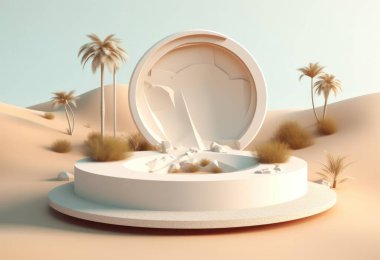 Kum arka planda podyum. Doğal ürün olan kozmetik parfüm için arka planda güneş gölgesi ve gölgeli bir görüntü. Üretici yapay zeka