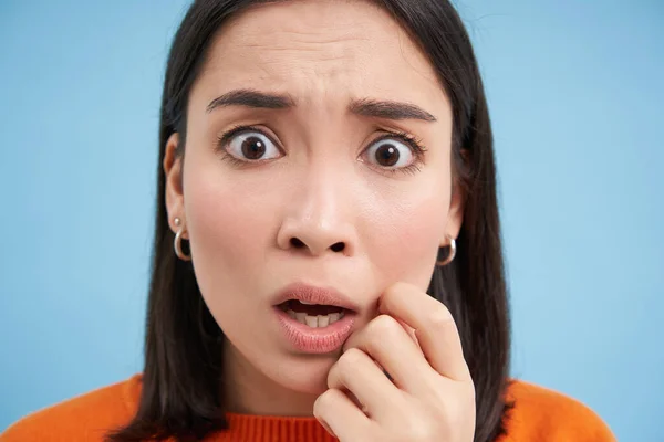 stock image Portrait of shocked korean girl, gasping and looking worried, frowning, looks scared and anxious, stands over blue background.