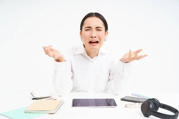 Sad Japanese Office Manager Woman Screaming Shouting Stressed Out Work Royalty Free Stock Images