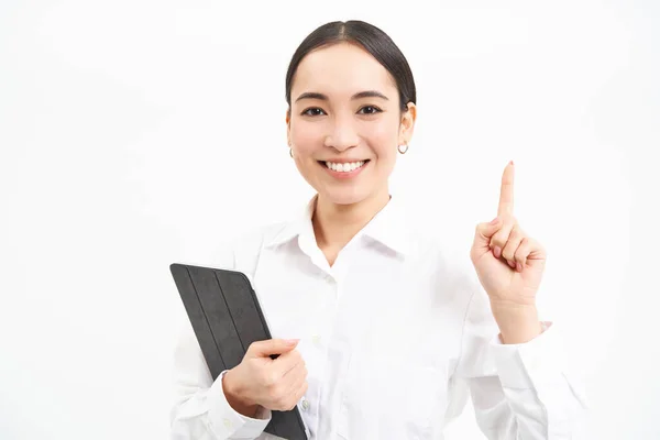 Corporate Asian Woman Manager Using Digital Tablet Working Gadget Checking — Stock Photo, Image