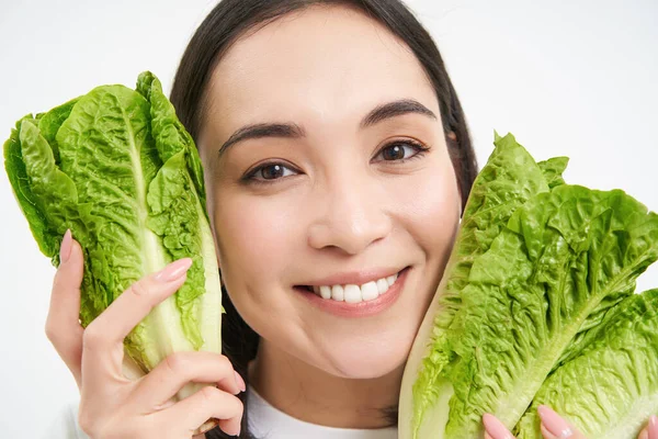 Comida Saludable Estilo Vida Vegano Cerca Retrato Sonriente Mujer Asiática — Foto de Stock