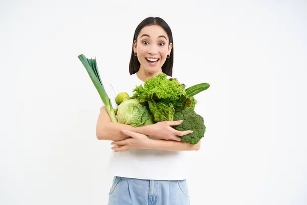 Portrait Smiling Korean Woman Hugs Her Vegetables Likes Eating Raw — Stock Photo, Image