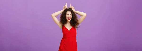 Devil Lives Lady Daring Stylish Adult Woman Curly Hairstyle Red — Stock Photo, Image
